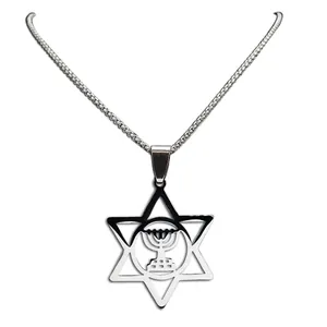 Silver stainless steel Star of David necklace with Menorah symbol pendant on white background
