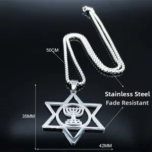 Polished stainless steel Star of David necklace with Menorah pendant on black background