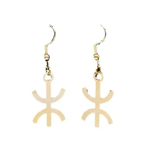 Ethnic African Berber Yaz symbol gold plated stainless steel fishhook drop earrings
