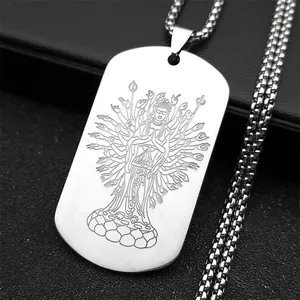 Macro shot of silver stainless steel rectangular pendant with Thousand-Hand Guanyin engraving