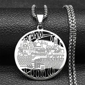 Detailed view of stainless steel Jerusalem city skyline pendant on black leather