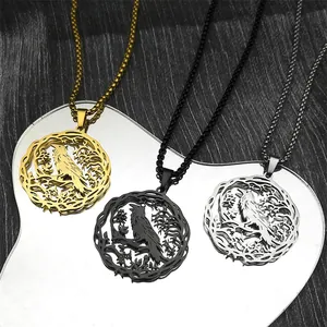Collier Pendentif Creux Corbeau Gothique en Acier Inoxydable Bijoux Vintage Branche d'Arbre Rond Oiseau Pour Hommes Femmes Or Argent Noir