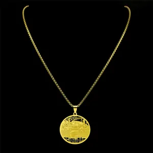 Golden Jerusalem skyline necklace with stainless steel wheat chain and hollow pendant