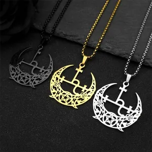 Collier croissant de lune et rose gothique en acier inoxydable noir, or et argent