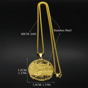 Gold stainless steel Jerusalem skyline pendant necklace with 24-inch chain for men and women