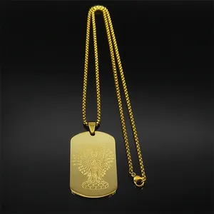 Macro shot of gold-plated Buddha pendant with intricate laser engraving on box chain