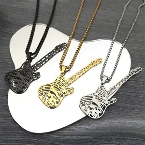 Collier Pendentif Guitare Vintage en Acier Inoxydable Design Note de Musique Creuse Chaîne Vénitienne Bijoux Pour Hommes Femmes