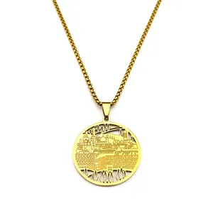 Gold stainless steel Jerusalem city skyline necklace with cutout disk pendant