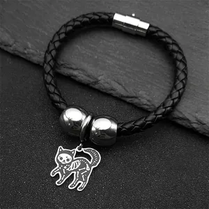 Bracelet en Cuir Tressé Avec Pendentif Squelette de Chat en Acier Inoxydable Gothic Punk Pour Hommes Femmes Bijoux Halloween