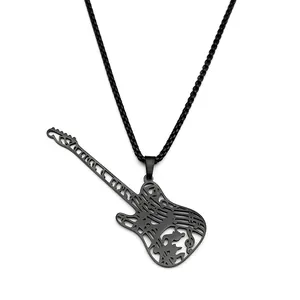 Collier avec pendentif guitare noire en acier titane, notes de musique et design évidé