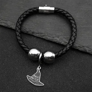 Pulsera de Cuero PU Trenzado Negro Retro para Hombre Con Hebilla Magnética de Acero Inoxidable Colgante de Sombrero de Bruja Halloween Joyería Punk
