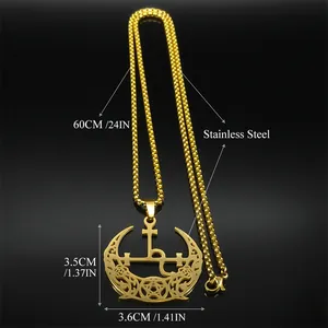 Collier avec pendentif croissant de lune et pentagramme en acier titane doré