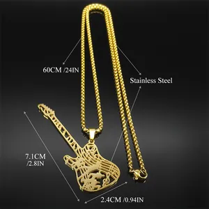 Collier guitare en acier titane doré avec notes de musique et chaîne box de 60 cm