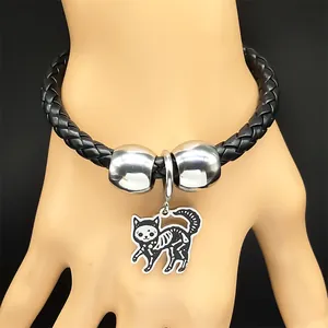 Bracelet tressé en cuir avec pendentif chat squelette et perles pour hommes