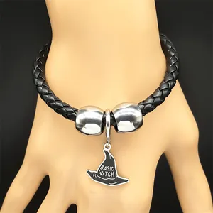 Pulsera de cuero trenzado para hombre con colgante de sombrero Basic Witch y cuentas