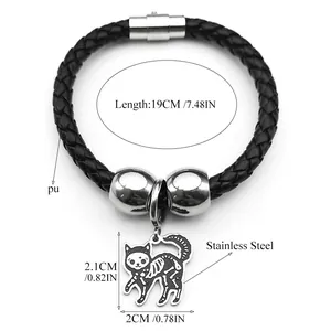 Bracelet tressé en cuir PU noir avec pendentif chat squelette en acier inoxydable
