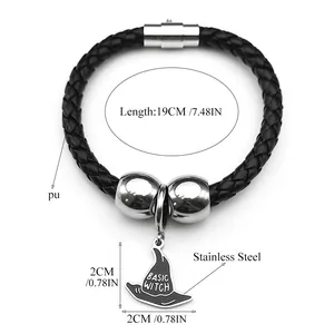 Pulsera trenzada de cuero para hombre con colgante de sombrero de bruja y cierre magnético