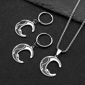 Gothic Stainless Steel Moon Cat Jewelry Set For Women Vintage Crescent Cat Pendant Necklace And Hoop Earrings Minimalist Jewelry