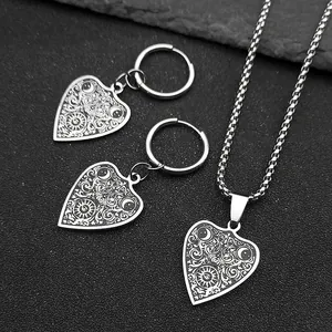 Gothic Stainless Steel Jewelry Vintage Heart Crescent Moon Sun Pendant Box Chain Necklace And Hoop Earrings Women Silver Tone