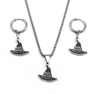 Conjunto de joyas Halloween con collar colgante sombrero de bruja y pendientes de aro