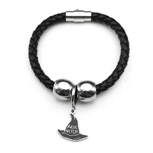 Pulsera de cuero trenzado para hombre con cierre de acero y colgante de sombrero