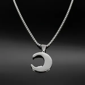 Gothic silver crescent moon pendant necklace with polished stainless steel chain