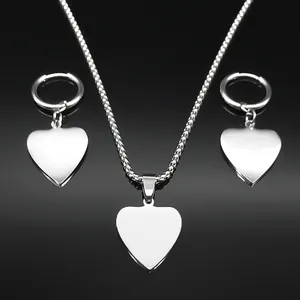 Elegant minimalist stainless steel heart pendant necklace and hoop earrings jewelry set