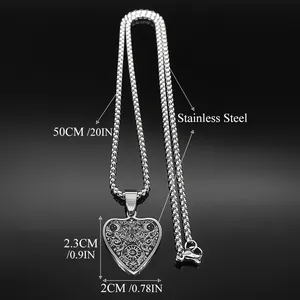 Gothic stainless steel heart pendant necklace with mystical carvings and 50cm chain link