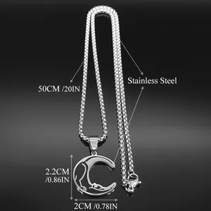 Gothic stainless steel moon and wolf silhouette pendant necklace on 20 inch chain