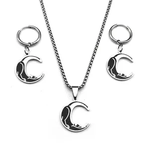 Gothic stainless steel jewelry set featuring black cat and crescent moon charms