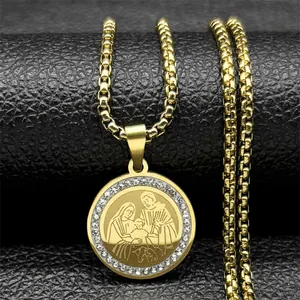 Vintage Stainless Steel Holy Family Religious Medallion Necklace 18K Gold Plated Rhinestone Round Pendant Box Chain Jewelry
