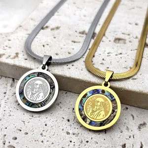 Vintage Stainless Steel San Benito Medallion Necklace With Abalone Shell Inlay Religious Gold Silver Plated Jewelry For Men Women