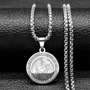 Silver religious round pendant necklace with Saint Family engraving and crystal halo