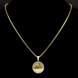 Gold 18K plated stainless steel religious medallion necklace with sparkling crystals