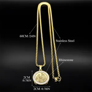 18K gold plated stainless steel religious pendant necklace with rhinestones and 24-inch chain