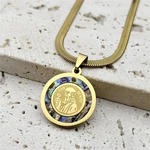 Gold San Benito pendant necklace with abalone shell inlay on a flat snake chain