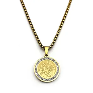 18K gold plated stainless steel Holy Family religious pendant necklace with box chain