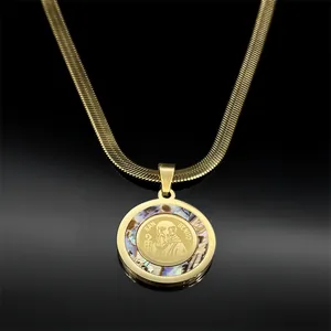 Golden San Benito medallion necklace with colorful abalone shell inlay on snake chain