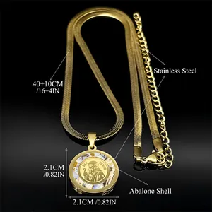 Golden Saint Benedict pendant necklace in stainless steel with colorful abalone shell inlay