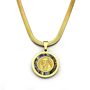 Golden San Benito medallion necklace with colorful abalone inlay and herringbone chain