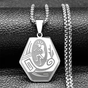 Herren-Halskette aus Edelstahl mit Kokopelli-Schildanhänger und robuster Box-Kette
