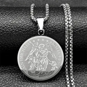 Saint Michael Protect Us round stainless steel pendant necklace on black leather background