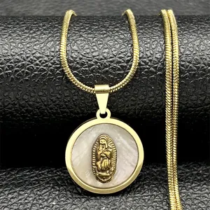 Stainless Steel Virgin Mary Mother Of Artificial Pearl Shell Pendant Necklace Religious Our Lady Of Guadalupe Round Snake Chain Jewelry