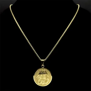 Golden Saint Michael religious pendant necklace with engraved dragon slayer shield