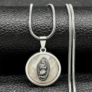 18k gold plated Virgin Mary pendant necklace with mother of pearl and snake chain