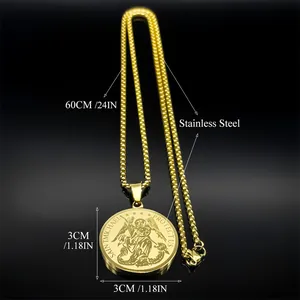 Saint Michael Protect Us round gold stainless steel pendant necklace for men