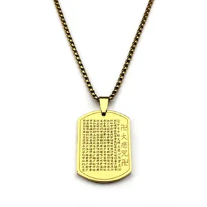 Golden stainless steel Heart Sutra pendant necklace with Buddhist scripture engraving