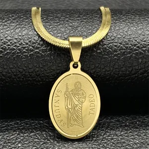 San Judas Tadeo Pendant Necklace For Men Women Stainless Steel Gold Silver Religious Figure Oval Snake Chain Jewelry Gift