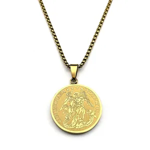 Saint Michael relief pendant on gold stainless steel box chain necklace for men