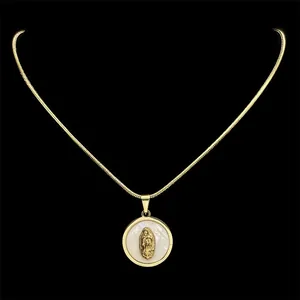 18k gold plated stainless steel necklace with Virgin Mary mother of pearl medal pendant